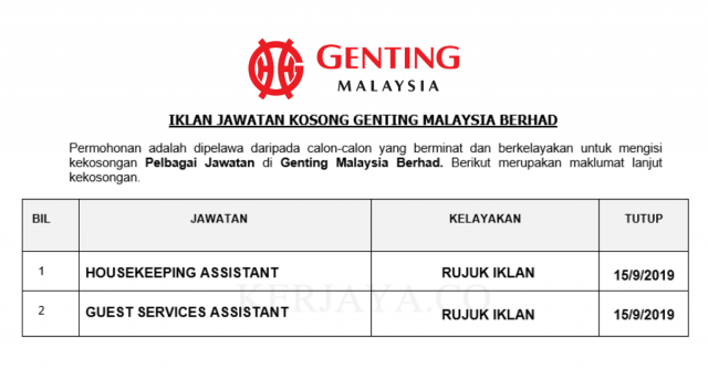 Genting Malaysia Berhad ~ Housekeeping Assistant & Guest Service Assistant