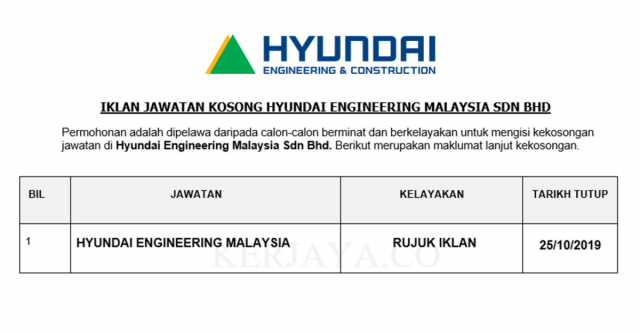 Hyundai Engineering Malaysia ~ Pelbagai Jawatan