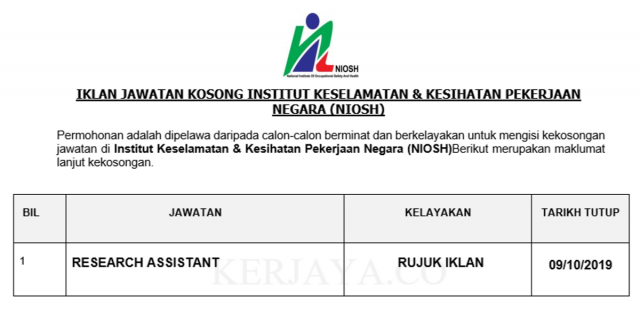 Institut Keselamatan & Kesihatan Pekerjaan Negara (NIOSH) ~ Research Assistant