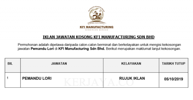 KFI Manufacturing ~ Pemandu Lori