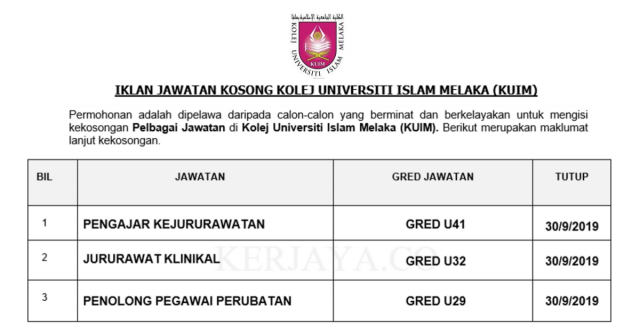 Kolej Universiti Islam Melaka (KUIM) ~ Jururawat Klinikal, Pengajar Kejururawatan & Penolong Pegawai Perubatan