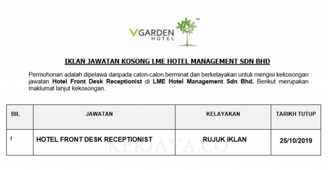 LME Hotel Management ~ Hotel Front Desk Receptionist