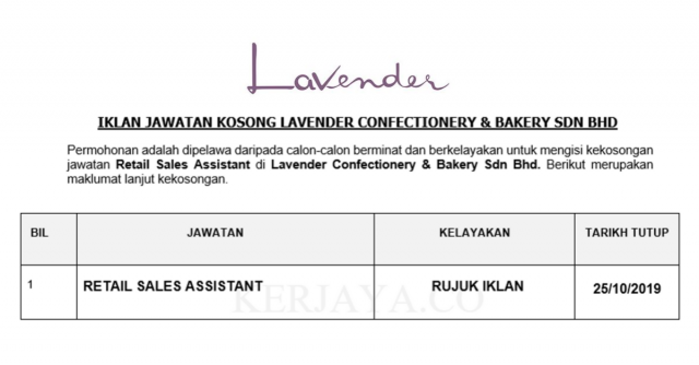 Lavender Confectionery & Bakery ~ Sales Assistant