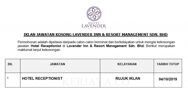 Lavender Inn & Resort Management ~ Hotel Receptionist