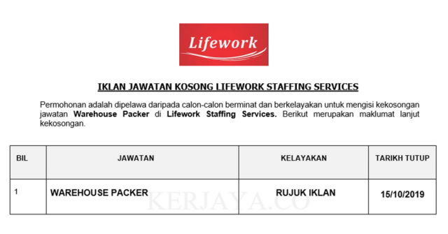 Lifework Staffing Services ~ Warehouse Packer