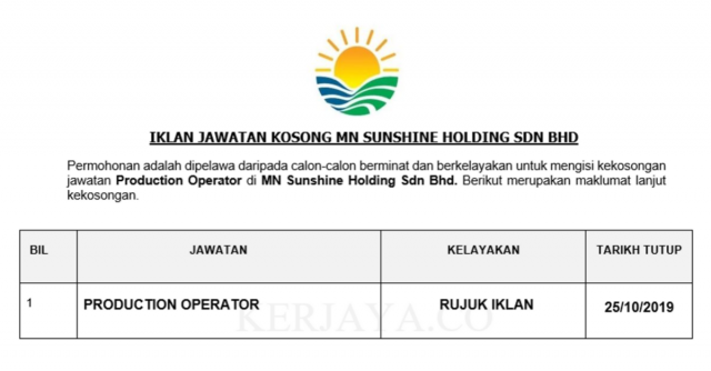 MN Sunshine Holding ~ Production Operator