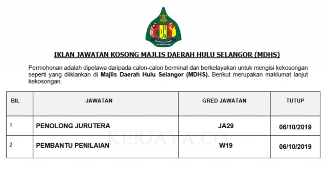 Majlis Daerah Hulu Selangor (MDHS) ~ Pembantu Penilaian & Penolong Jurutera