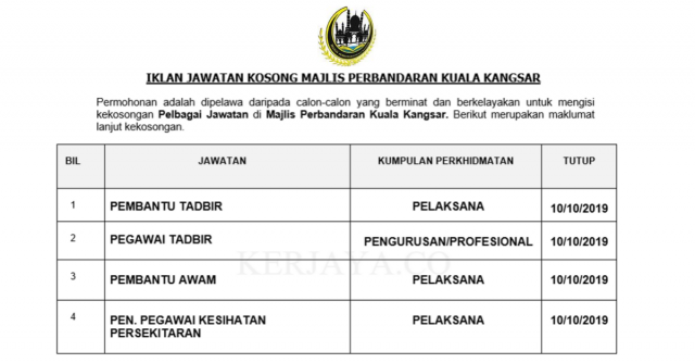 Majlis Perbandaran Kuala Kangsar ~ Pembantu Tadbir, Pembantu Awam, Pen.peg Tadbir & Pelbagai Kekosongan Jawatan