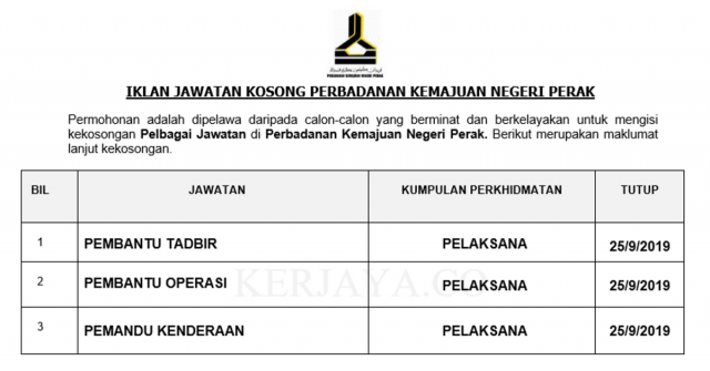 Perbadanan Kemajuan Negeri Perak ~ Pembantu Tadbir, Pembantu Awam & Pemandu Kenderaan