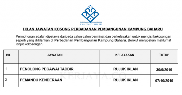 Perbadanan Pembangunan Kampung Baharu ~ Penolong Pegawai Tadbir  & Pemandu Kenderaan