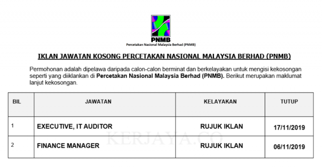 Percetakan Nasional Malaysia Berhad (PNMB) ~ Executive & Finance Manager