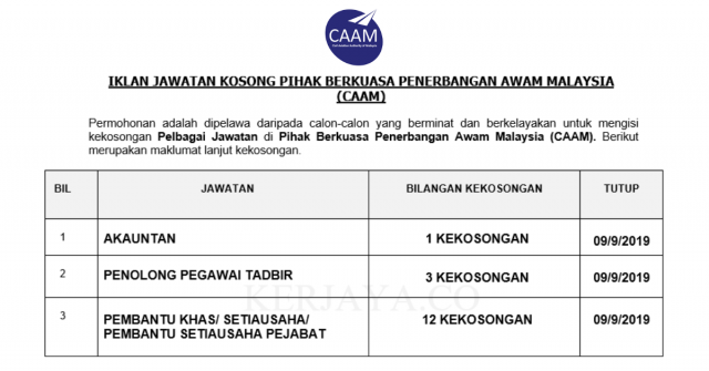 Pihak Berkuasa Penerbangan Awam Malaysia (CAAM) ~ Akauntan, Pen.Peg Tadbir & Pem. Setiausaha Pejabat