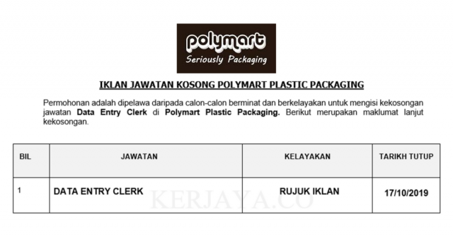 Polymart Plastic Packaging ~ Data Entry Clerk