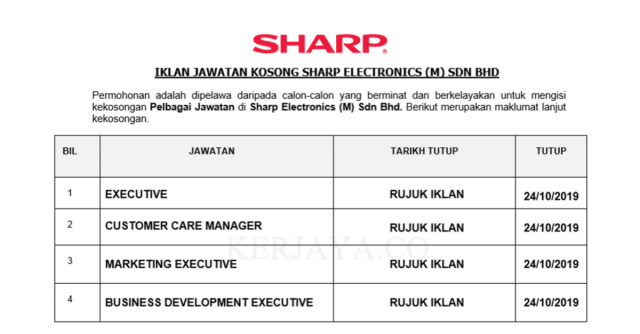 Sharp Electronics ~ Pelbagai Kekosongan Jawatan