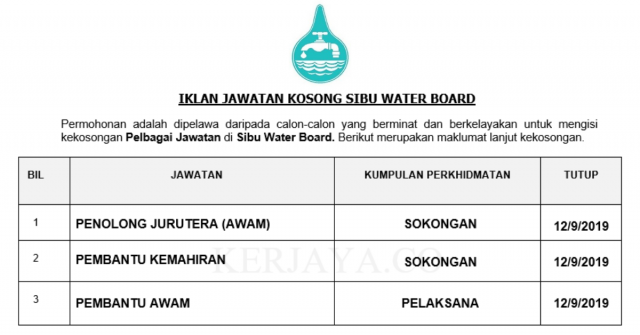 Sibu Water Board ~ Pembantu Awam, Pembantu Kemahiran & Penolong Jurutera