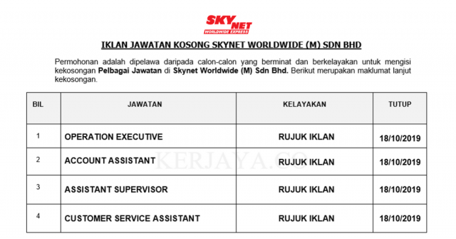 Skynet Worldwide ~ Pelbagai Kekosongan Jawatan