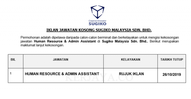 Sugiko Malaysia ~ Human Resource & Admin Assistant