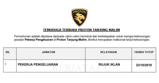 Temuduga Terbuka Pekerja Pengeluaran Proton