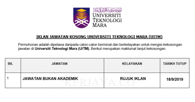 Universiti Teknologi Mara (UITM) ~ Kekosongan Jawatan Bukan Akademik