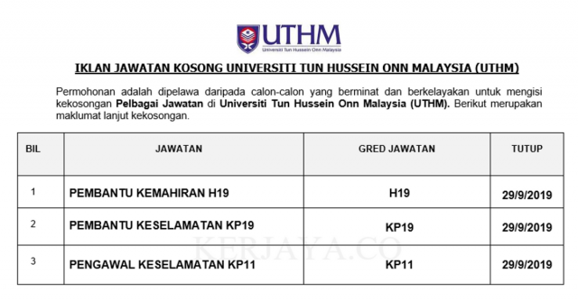 Universiti Tun Hussein Onn Malaysia (UTHM) ~ Pembantu Kemahiran, Pembantu Keselamatan & Pengawal Keselamatan
