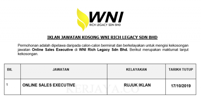 WNI Rich Legacy ~ Online Sales Executive