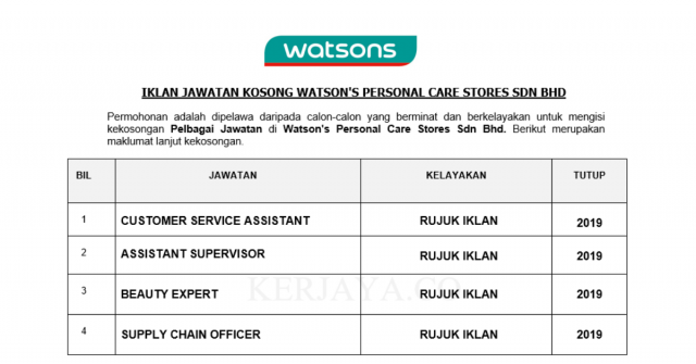 Temuduga Terbuka Watson’s Personal Care Stores ~ 405 Kekosongan Pelbagai Negeri