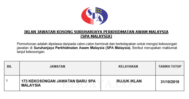 173 Kekosongan Jawatan Baru Suruhanjaya Perkhidmatan Awam Malaysia (SPA Malaysia)