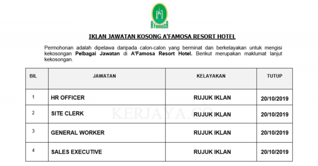 A’Famosa Resort Hotel ~ HR Officer, Front Office Assistant, Site Clerk & Pelbagai Jawatan Lain