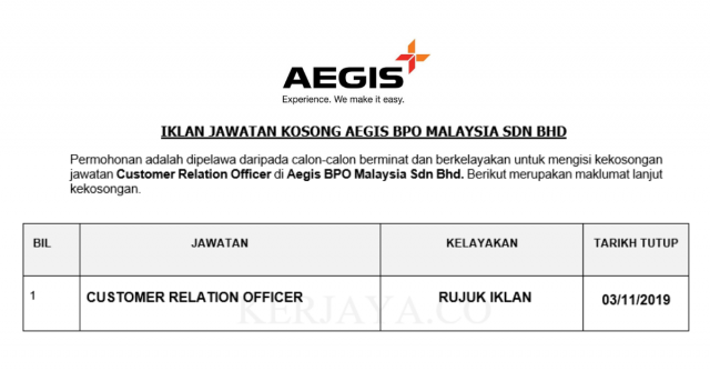 Aegis BPO Malaysia ~ Customer Relation Officer