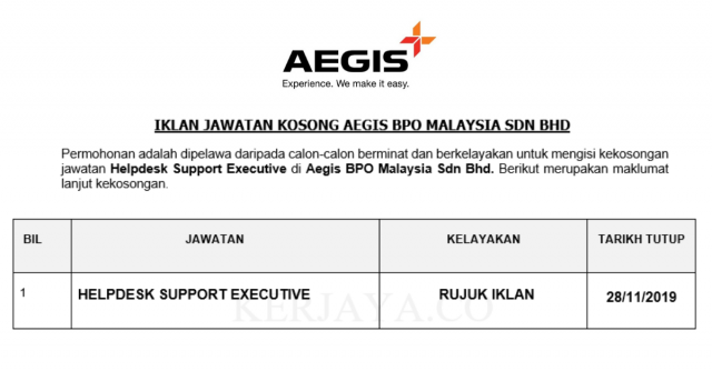 Aegis BPO Malaysia ~ Helpdesk Support Executive