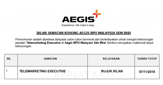 Aegis BPO Malaysia ~ Telemarketing Executive