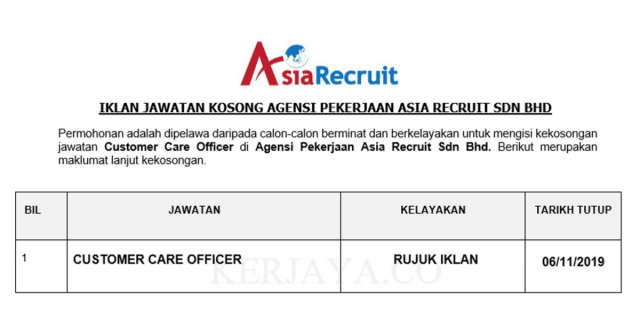 Agensi Pekerjaan Asia Recruit ~ Customer Care Officer