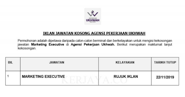 Agensi Pekerjaan Ukhwah ~ Marketing Executive