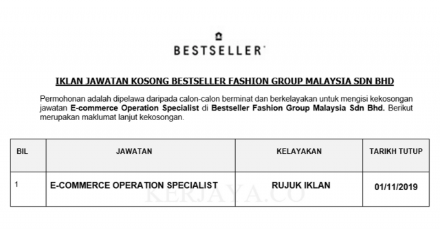Bestseller Fashion Group Malaysia ~ E-commerce Operation Specialist