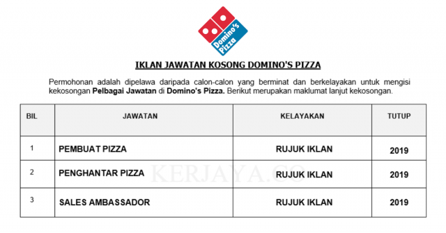 Domino’s Pizza ~ Pembuat Pizza, Penghantar Pizza & Sales Ambassador