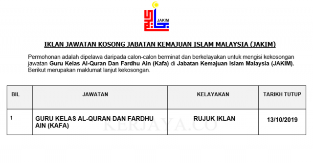 Jabatan Kemajuan Islam Malaysia (JAKIM) ~ Guru Kelas Al-Quran & Fardhu Ain (KAFA)