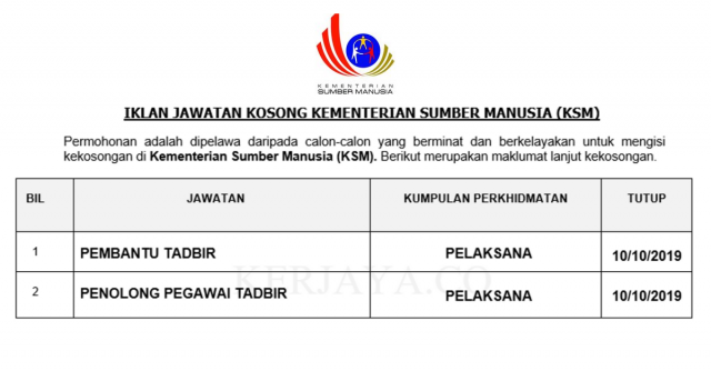 Kementerian Sumber Manusia (KSM) ~ Pembantu Tadbir & Pembantu Pegawai Tadbir
