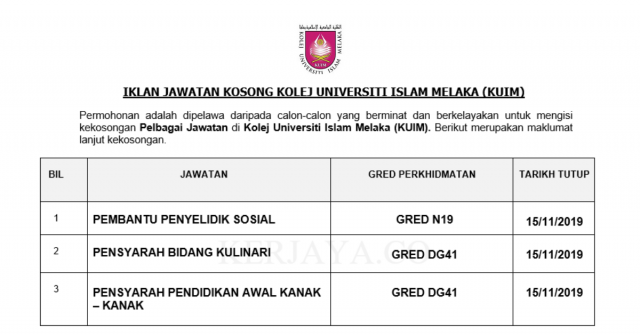 Kolej Universiti Islam Melaka (KUIM) ~ Pembantu Penyelidik Sosial, Penyarah Kulinari & Pensyarah Pendidikan Awal Knak-Kanak