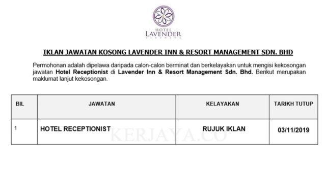 Lavender Inn & Resort Management ~ Hotel Receptionist