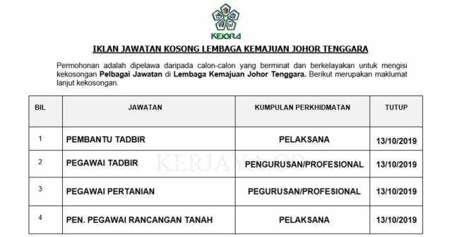 Lembaga Kemajuan Johor Tenggara ~ Pembantu Tadbir, Pegawai Pertanian, Pen.Pegawai Rancangan Tanah & Pelbagai Jawatan