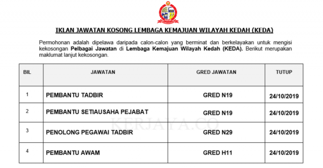 Lembaga Kemajuan Wilayah Kedah (KEDA) ~ Pembantu Tadbir, Pembantu Awam, Penolong Pegawai Tadbir & Pelbagai Jawatan Lain