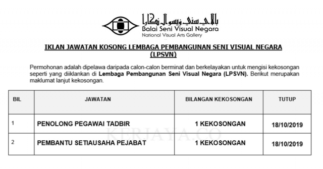 Lembaga Pembangunan Seni Visual Negara (LPSVN) ~ Penolong Pegawai Tadbir & Pembantu Setiausaha Pejabat