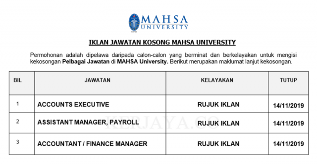MAHSA University ~ Accountant, Accounts Executive & Assistant Manager, Payroll
