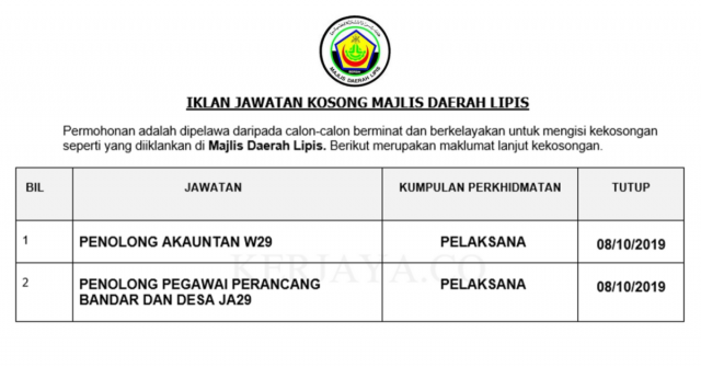 Majlis Daerah Lipis ~ Penolong Akauntan & Penolong Pegawai Perancang Bandar Dan Desa