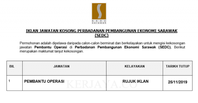 Perbadanan Pembangunan Ekonomi Sarawak (SEDC)~ Pembantu Operasi