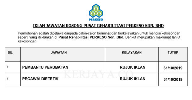 Pusat Rehabilitasi PERKESO ~ Pegawai Dietetik &Pembantu Perubatan