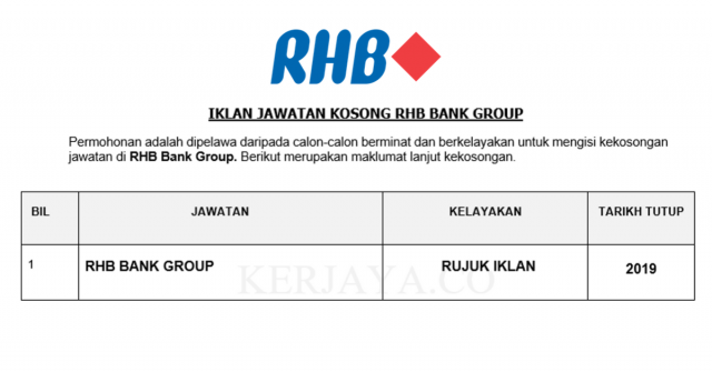 RHB Bank Group ~ Pelbagai Kekosongan Jawatan