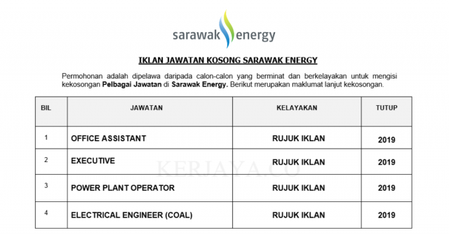 Sarawak Energy ~ Office Assistant, Executive, Power Plant Operator & Pelbagai Jawatan