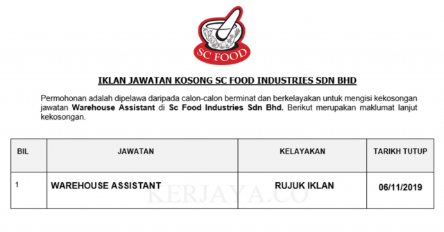 Sc Food Industries ~ Warehouse Assistant