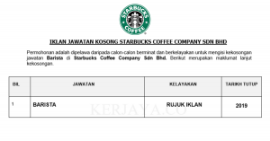 Starbucks Coffee Company ~ 105 Kekosongan Barista Seluruh Negara